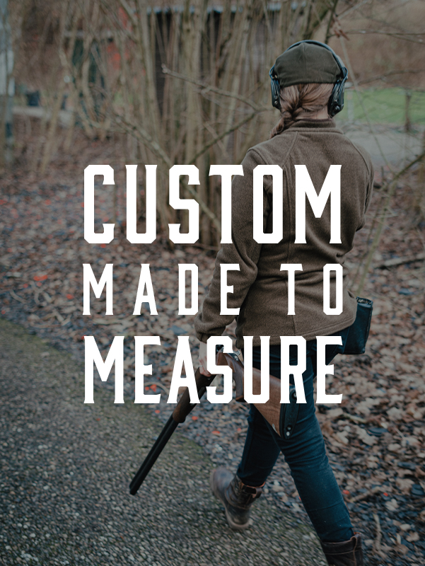 image of a woman walking with a rifle with "Custom made to measure" written over top